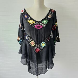 NWT Black Granny Crochet Square Swim Coverup Colorful L/XL Lightweight